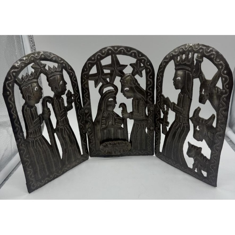 Handcrafted Recycled Metal Nativity Scene Haitian Folk Art Christmas Decor 13"